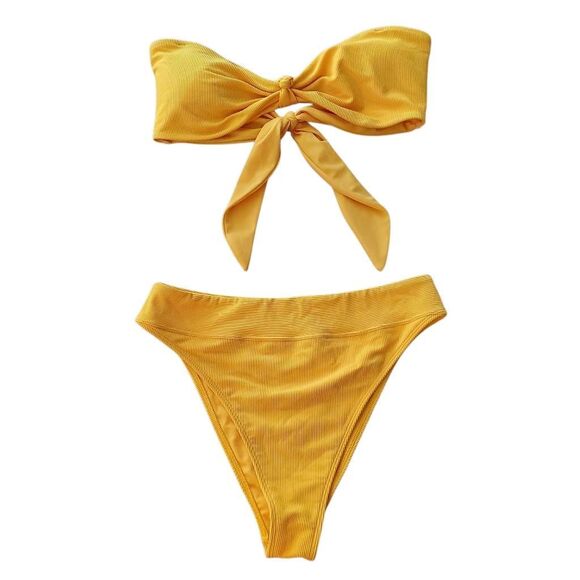 Abercrombie Yellow Ribbed Knot Bandeau Bikini Set XL Top L High Cheeky Bottom - Picture 2 of 16